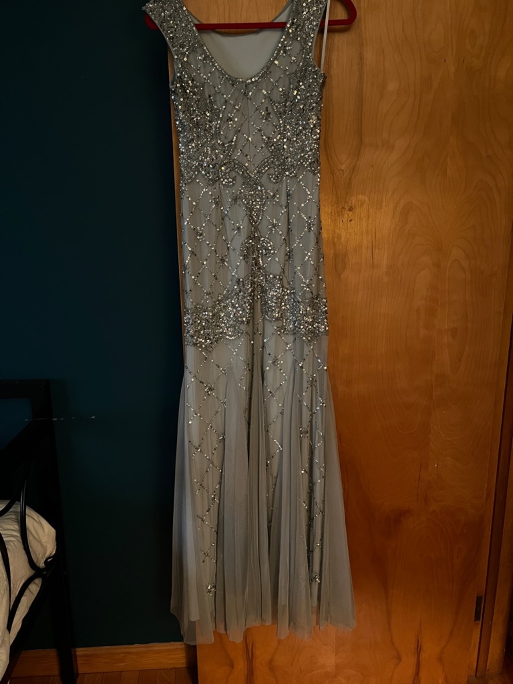Adrianna Papell Silver Beaded Tulle Evening Gown - Picture 2 of 3